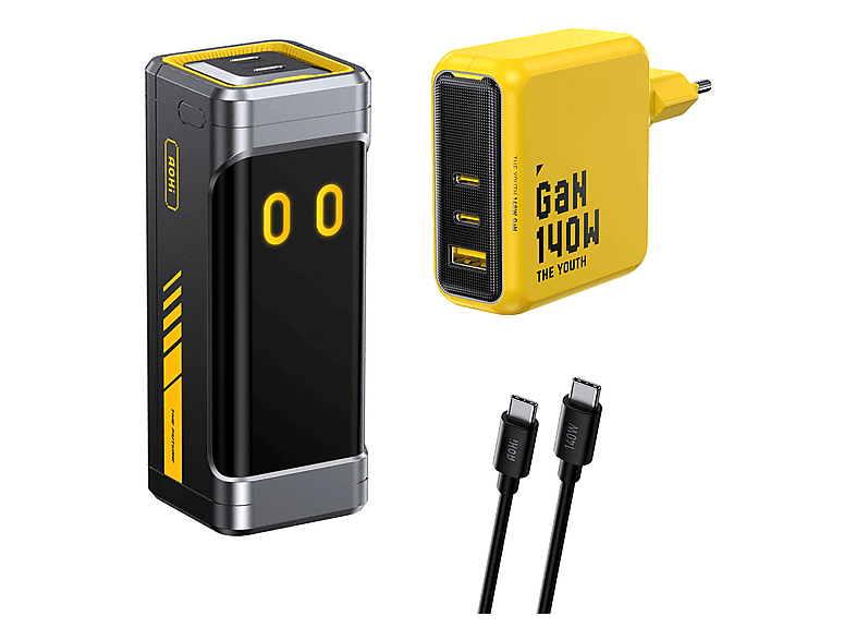 AOHI Starship Youth 3 Portlu GaN 140W Şarj Adaptörü Seti ve 210W 10000 mAh Powerbank Siyah
