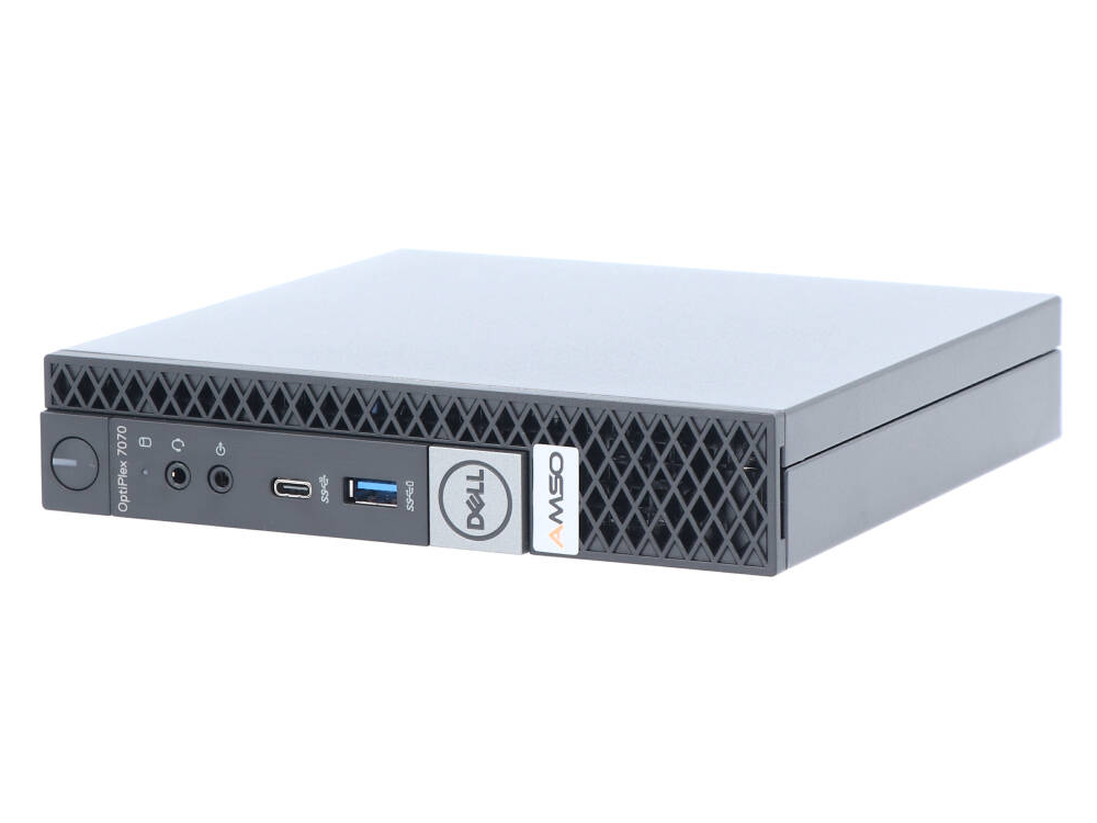 Szary mini PC Dell OptiPlex 7070 z czarnymi portami z przodu i logo Dell.