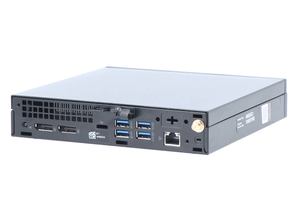 Czarny mini PC z portami USB, HDMI, Ethernet i anteną WiFi na białym tle.