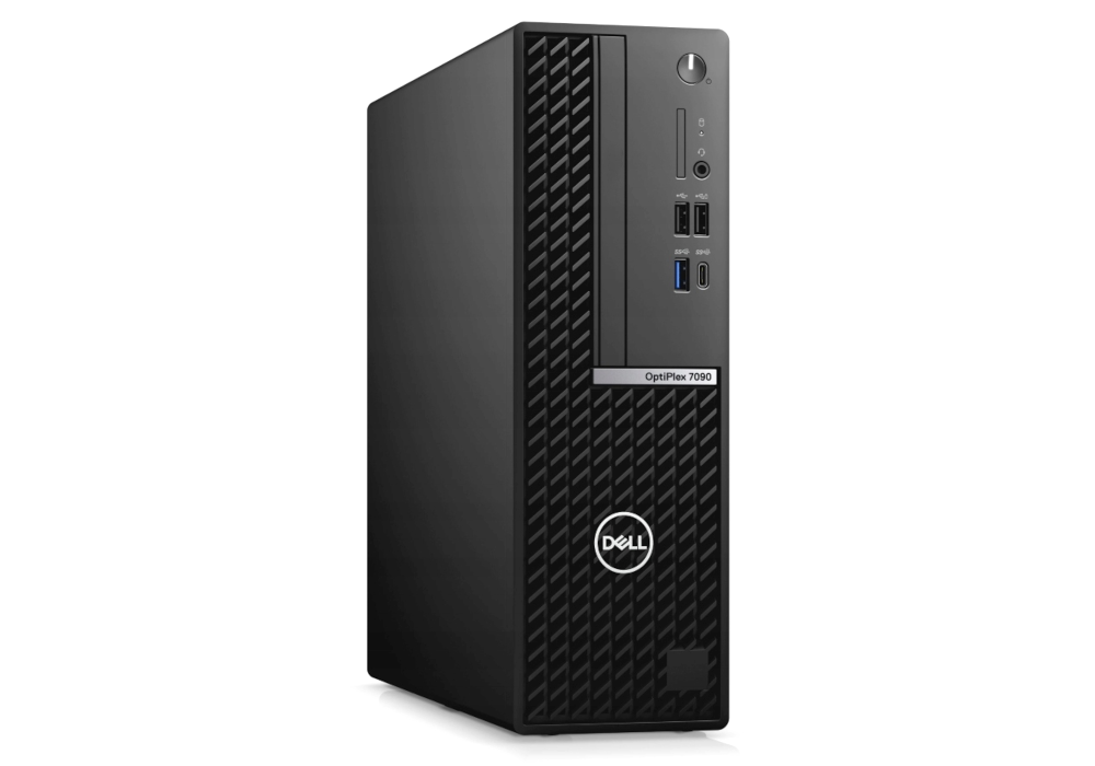 Czarna obudowa komputera stacjonarnego Dell OptiPlex 7090 z portami z przodu.