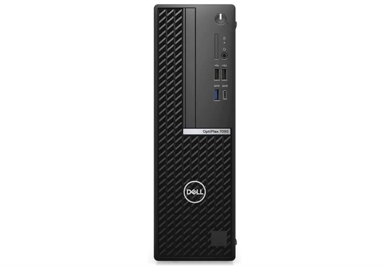 Czarny komputer stacjonarny Dell OptiPlex 7090 z portami USB i przyciskiem zasilania.