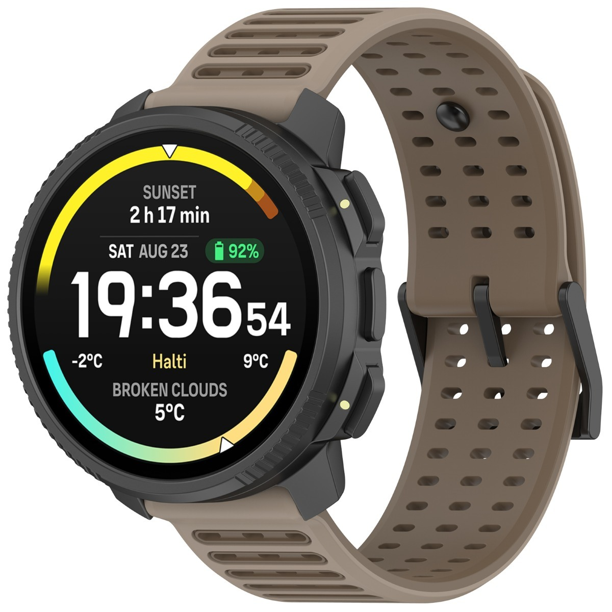 Uno smartwatch con cinturino marrone mostra le 19:36, meteo e tramonto.