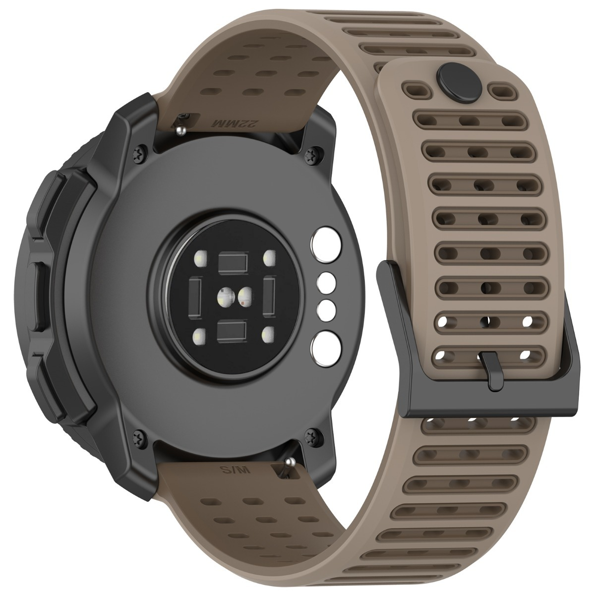 Retro di uno smartwatch con cinturino marrone, sensore di frequenza cardiaca e contatti di ricarica.