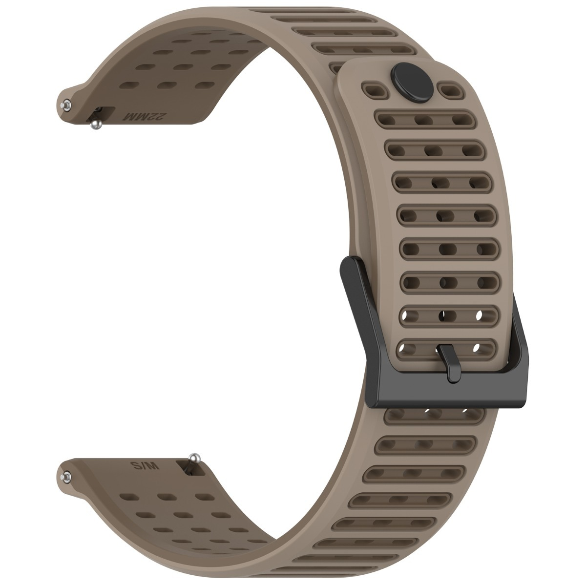 Un cinturino per orologio beige con fibbia nera e fori di ventilazione.