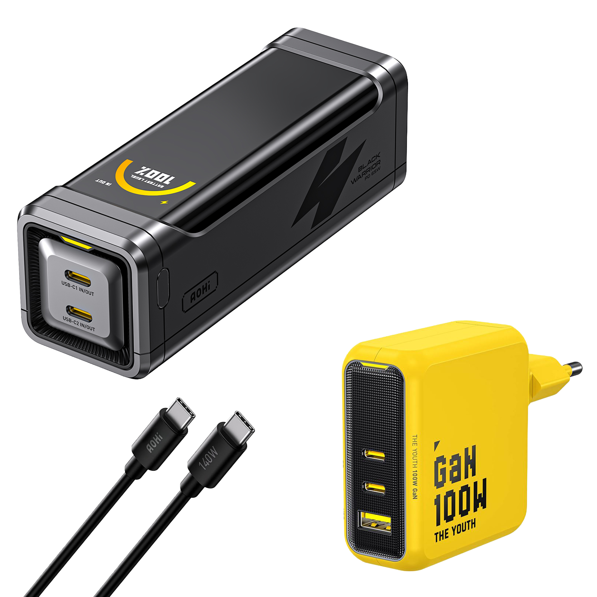 Siyah powerbank, sarı şarj cihazı ve iki USB-C kablosu beyaz zeminde.