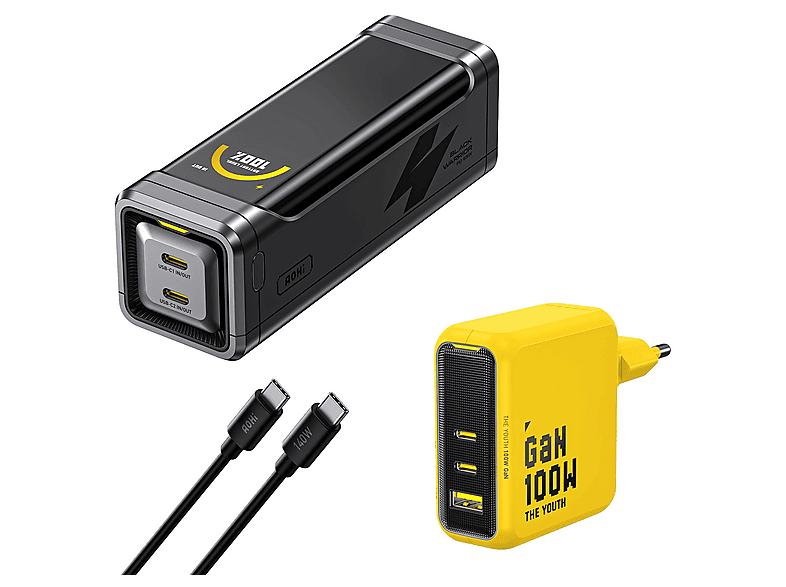 AOHI The Black Warrior Youth 100W 3 Portlu GaN Şarj Adaptörü Seti ve 65W 10000 mAh Powerbank Siyah