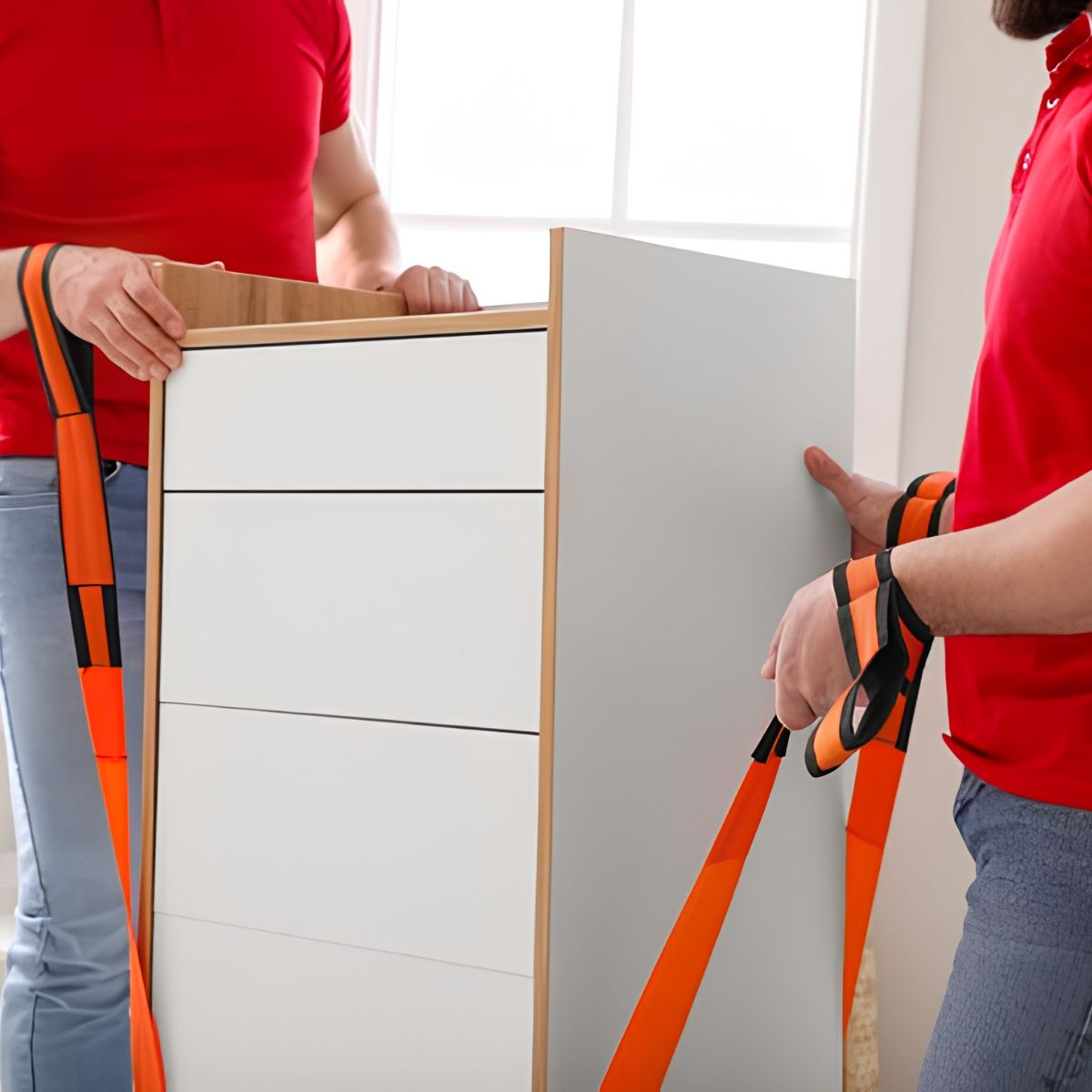 Two men in red shirts move a white dresser using orange moving straps.