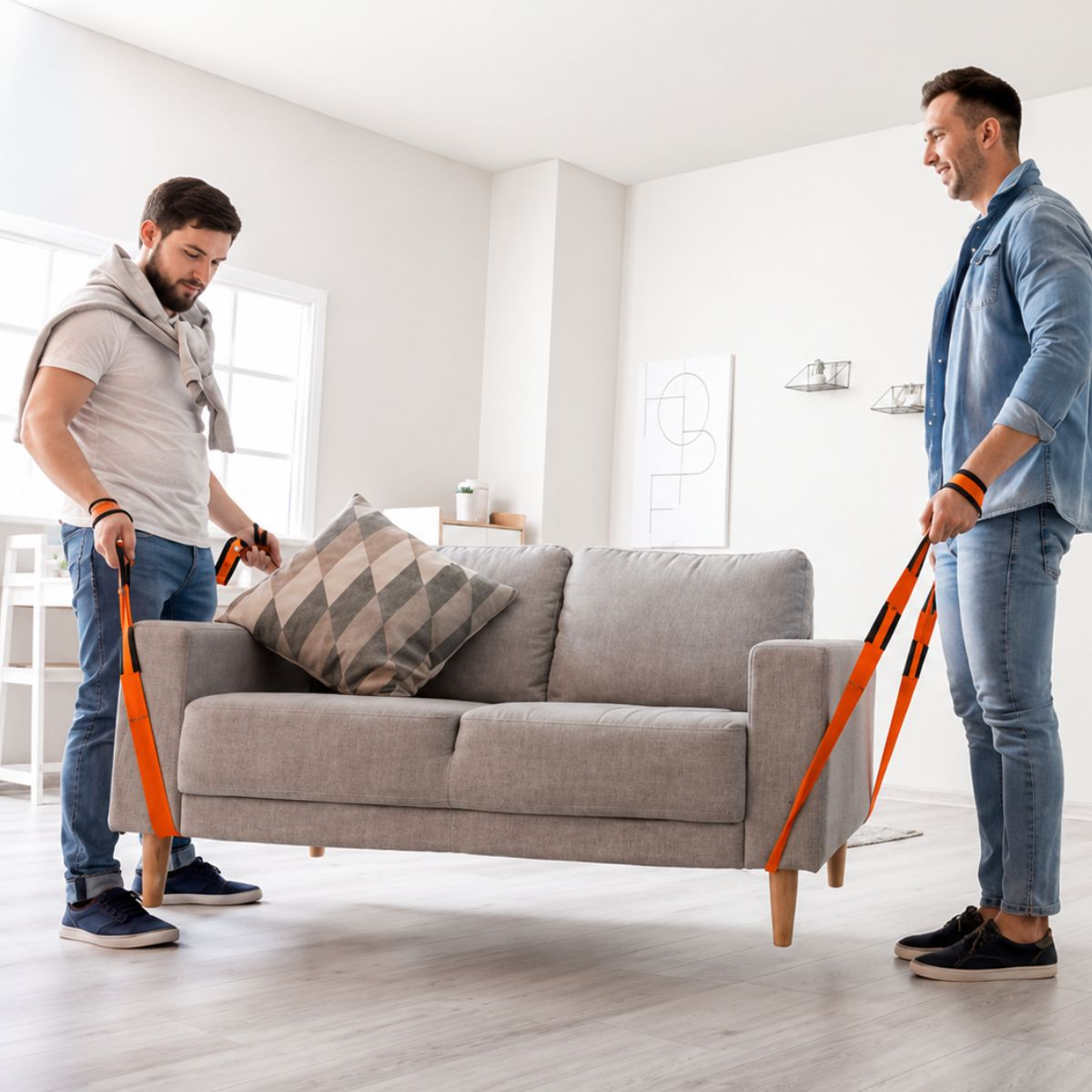 Two men use lifting straps to move a sofa in a living room.