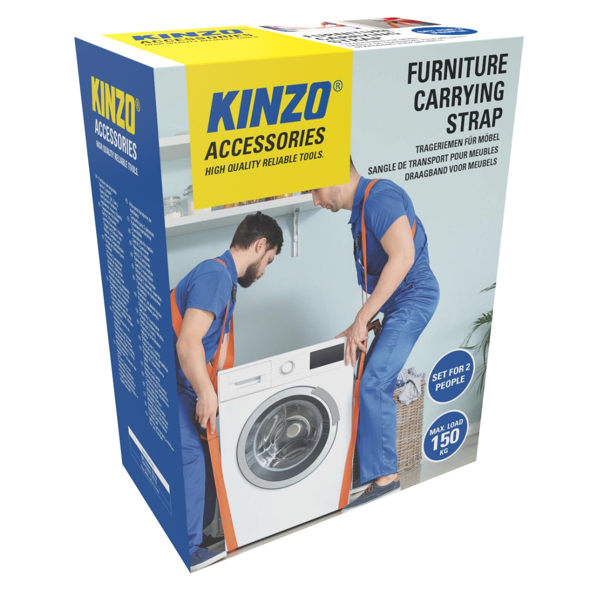 Two men lift a washing machine using a Kinzo carrying strap.