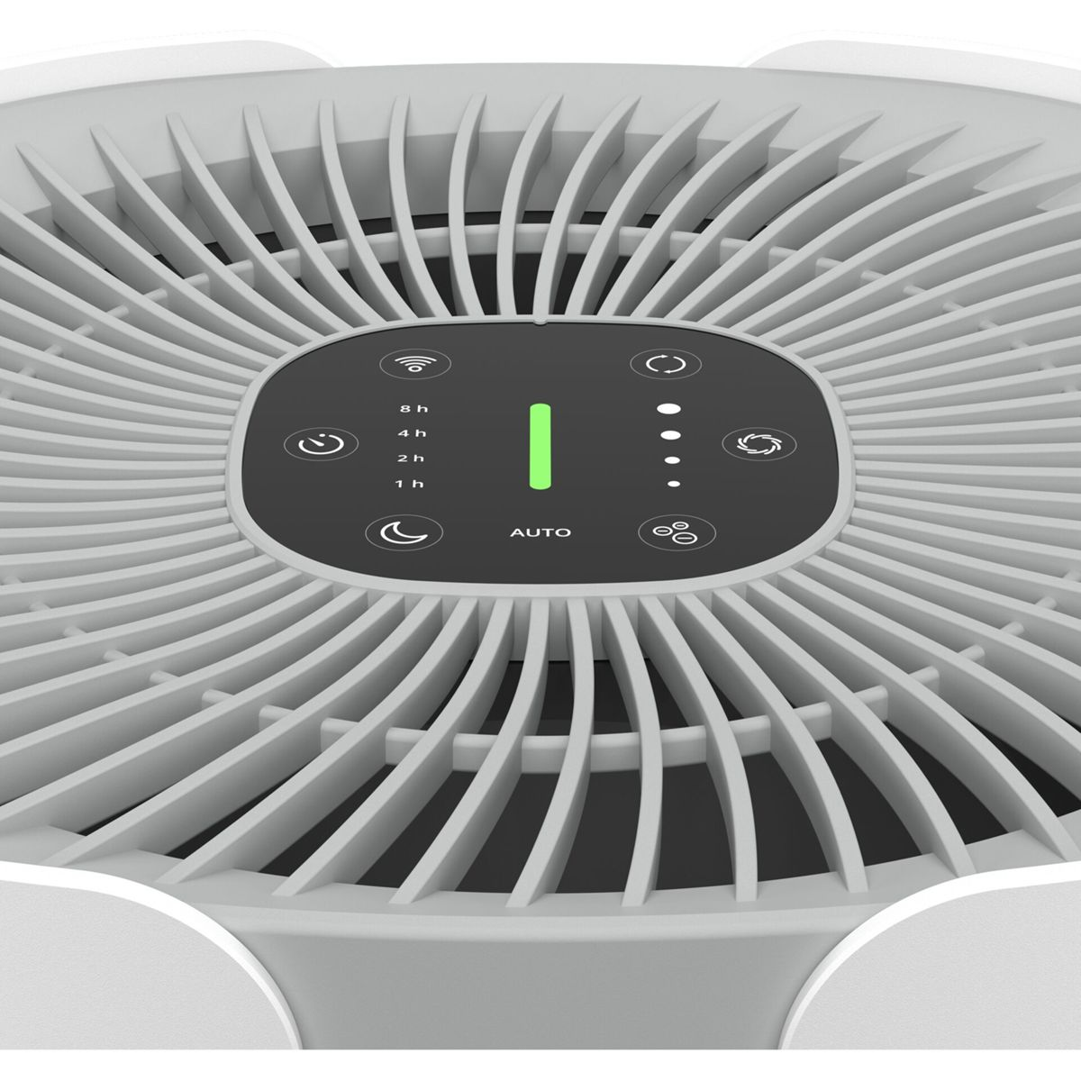 Primo piano del pannello di controllo di un purificatore d'aria bianco con timer e opzioni di modalità.