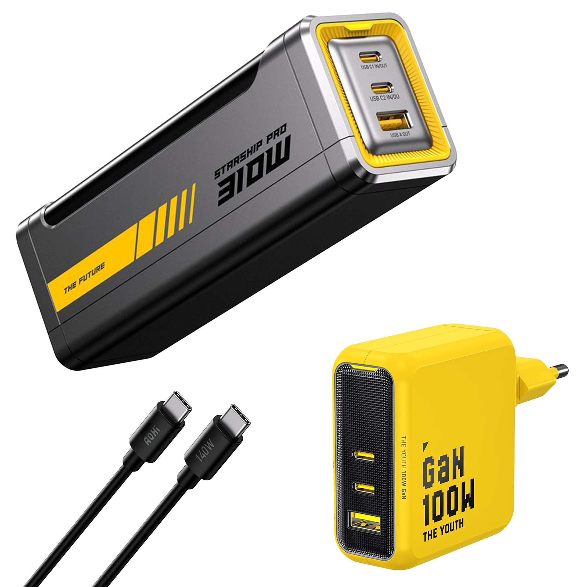 Siyah bir powerbank, sarı bir GaN şarj cihazı ve iki USB-C kablosu.