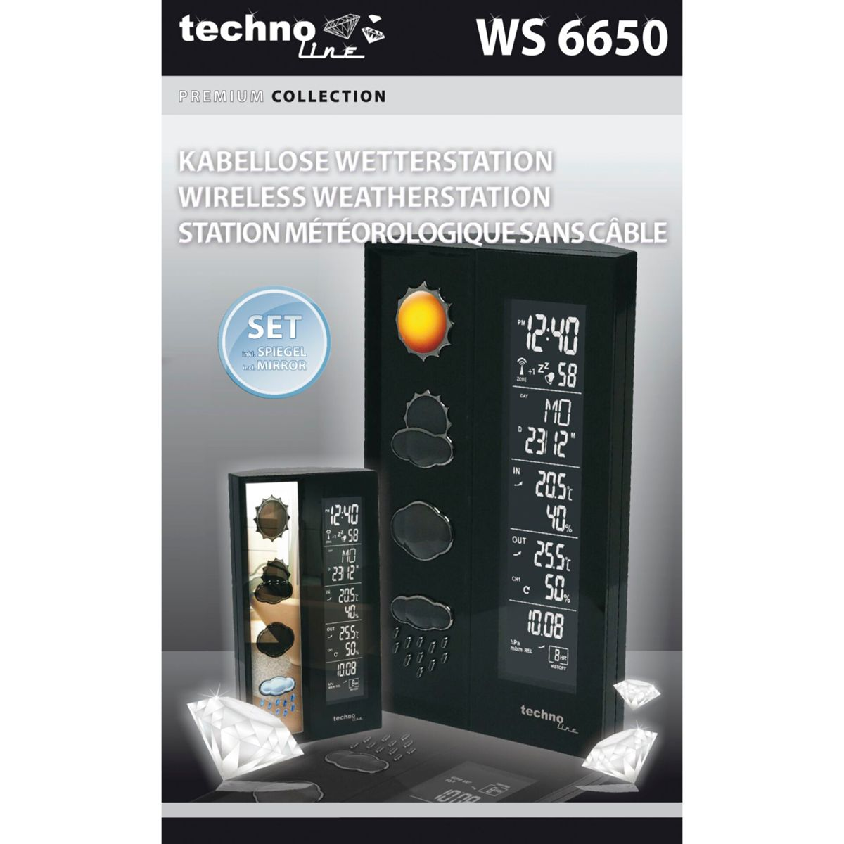 Czarny wyświetlacz bezprzewodowej stacji pogodowej Techno Line z ikonami słońca, chmur i deszczu.