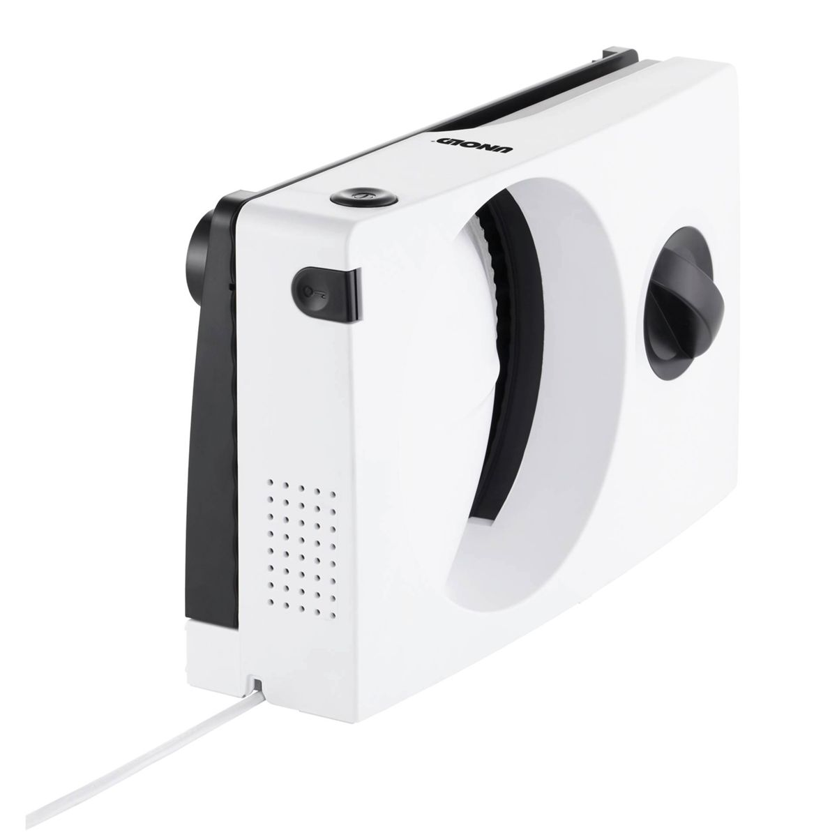 Un robot limpiacristales blanco con mango y cable negros.