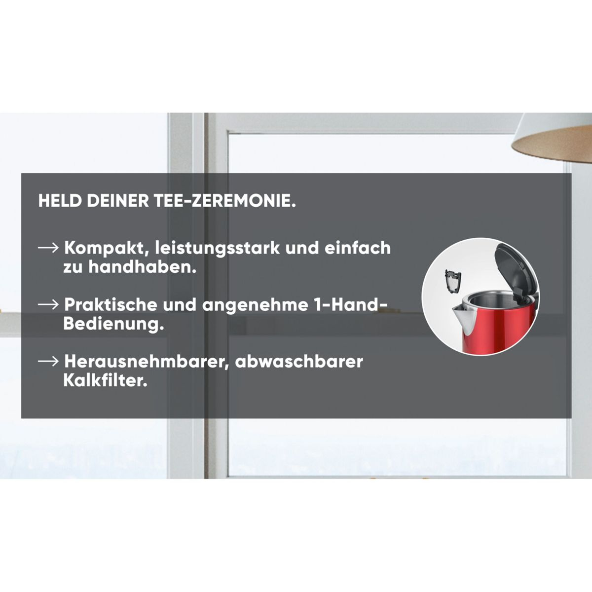 Roter Wasserkocher mit Text: Kompakt, leistungsstark, 1-Hand-Bedienung, Kalkfilter.