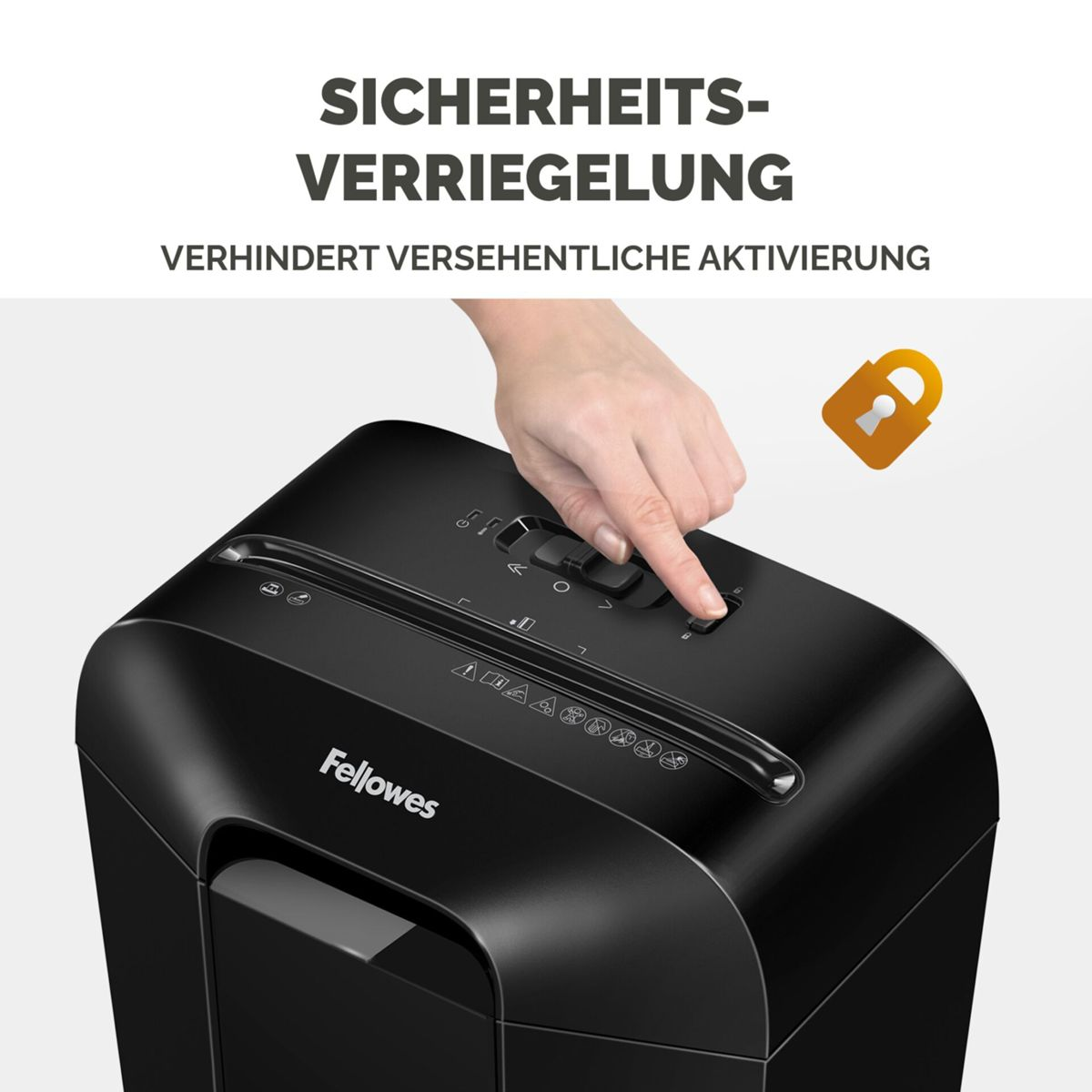 Mano presionando botón en trituradora Fellowes negra, icono de candado.