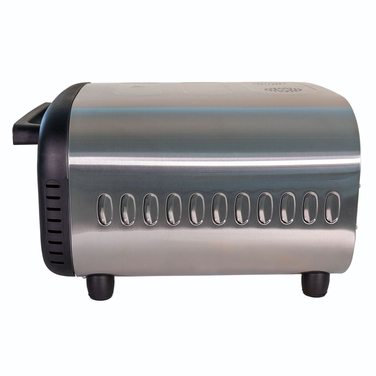Un tostapane argentato con manico nero e fessure di ventilazione.