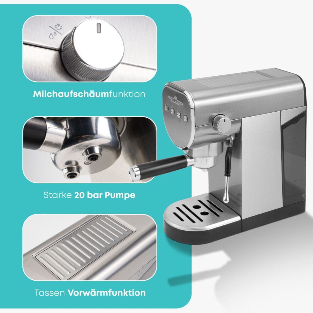 Silberne Espressomaschine mit Details zu Funktionen wie Milchaufschäumen und 20 bar Pumpe.
