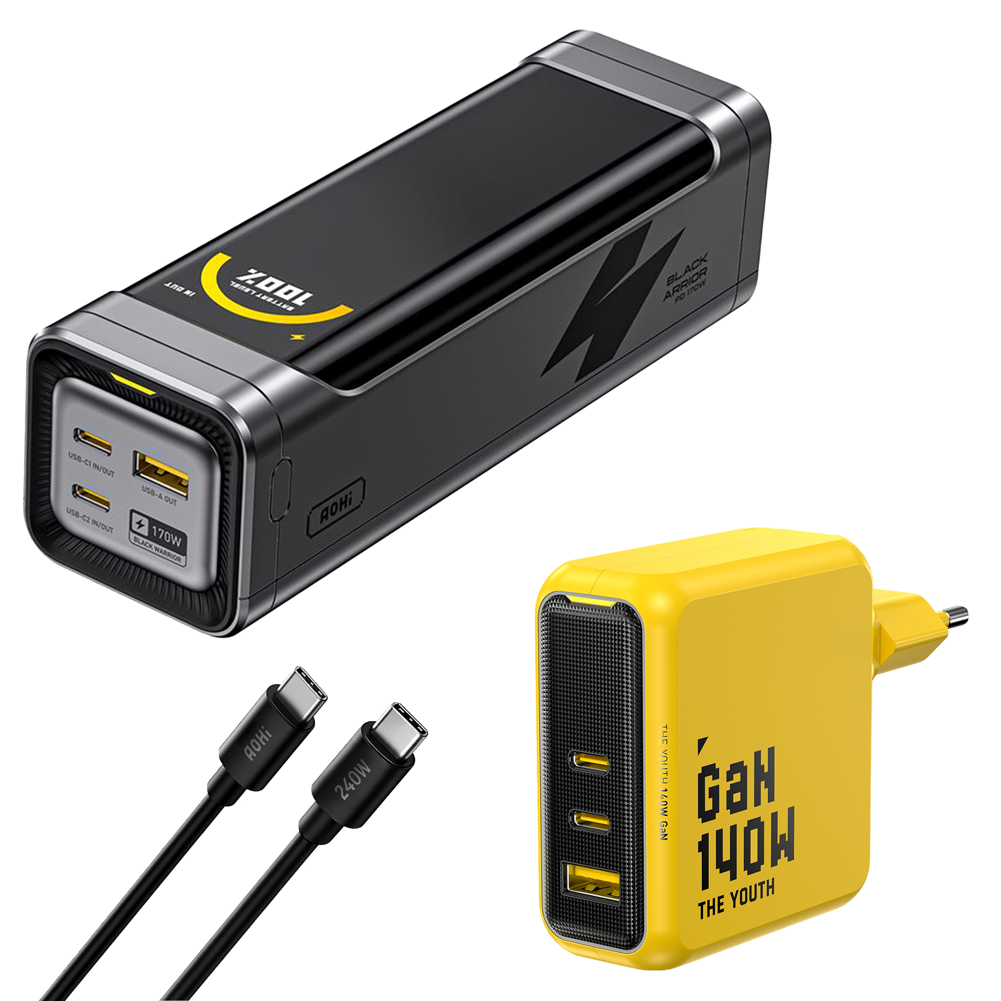 Kablolu siyah bir powerbank ve sarı bir şarj cihazı.