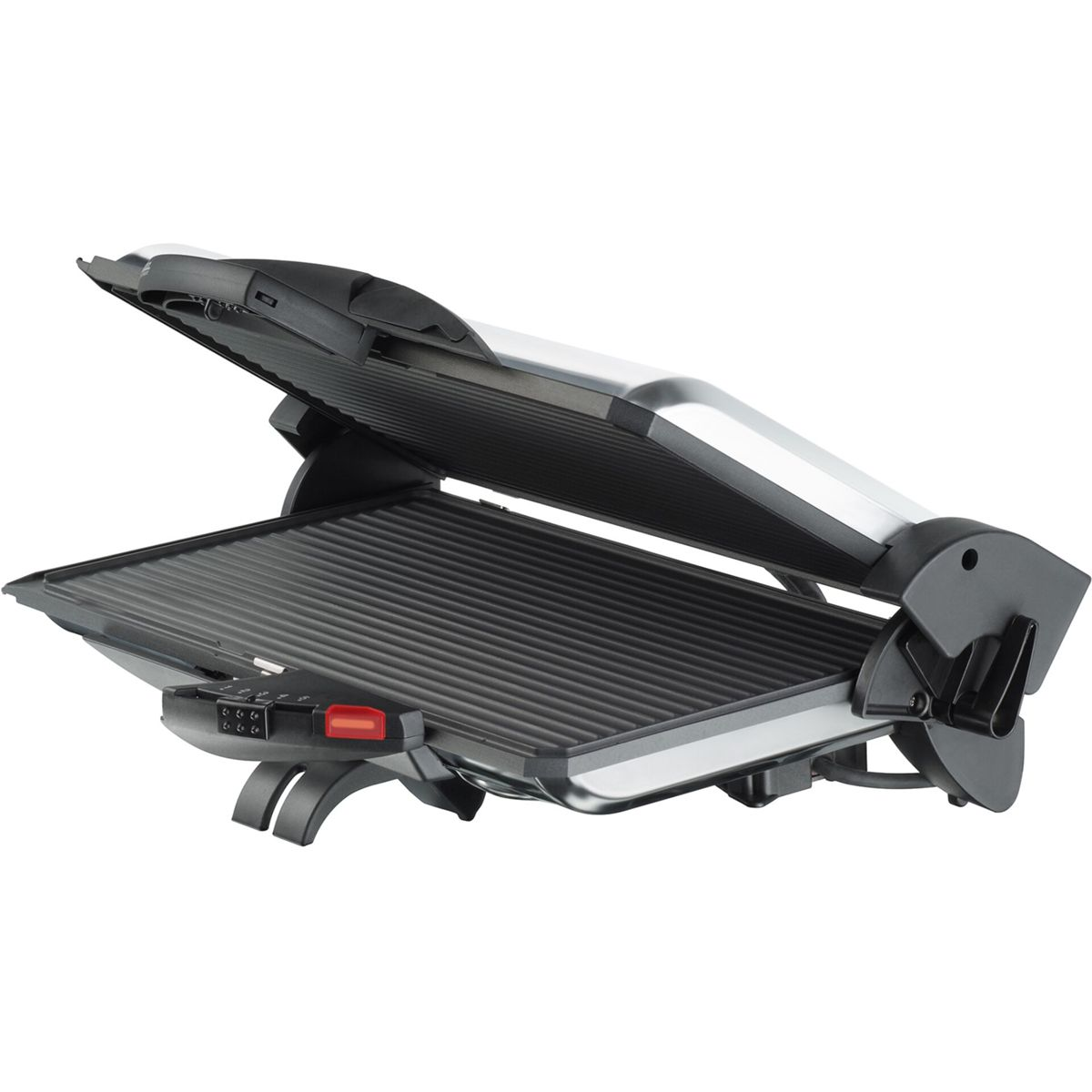 Ein offener Kontaktgrill mit gerippten Platten und Bedienelementen.