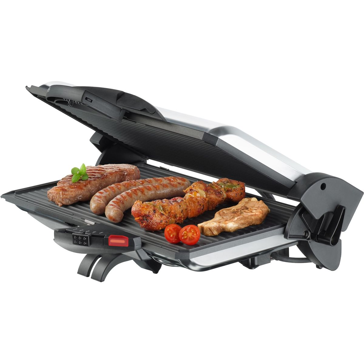 Ein offener Elektrogrill mit Steak, Würstchen, Schaschlik und Tomaten.