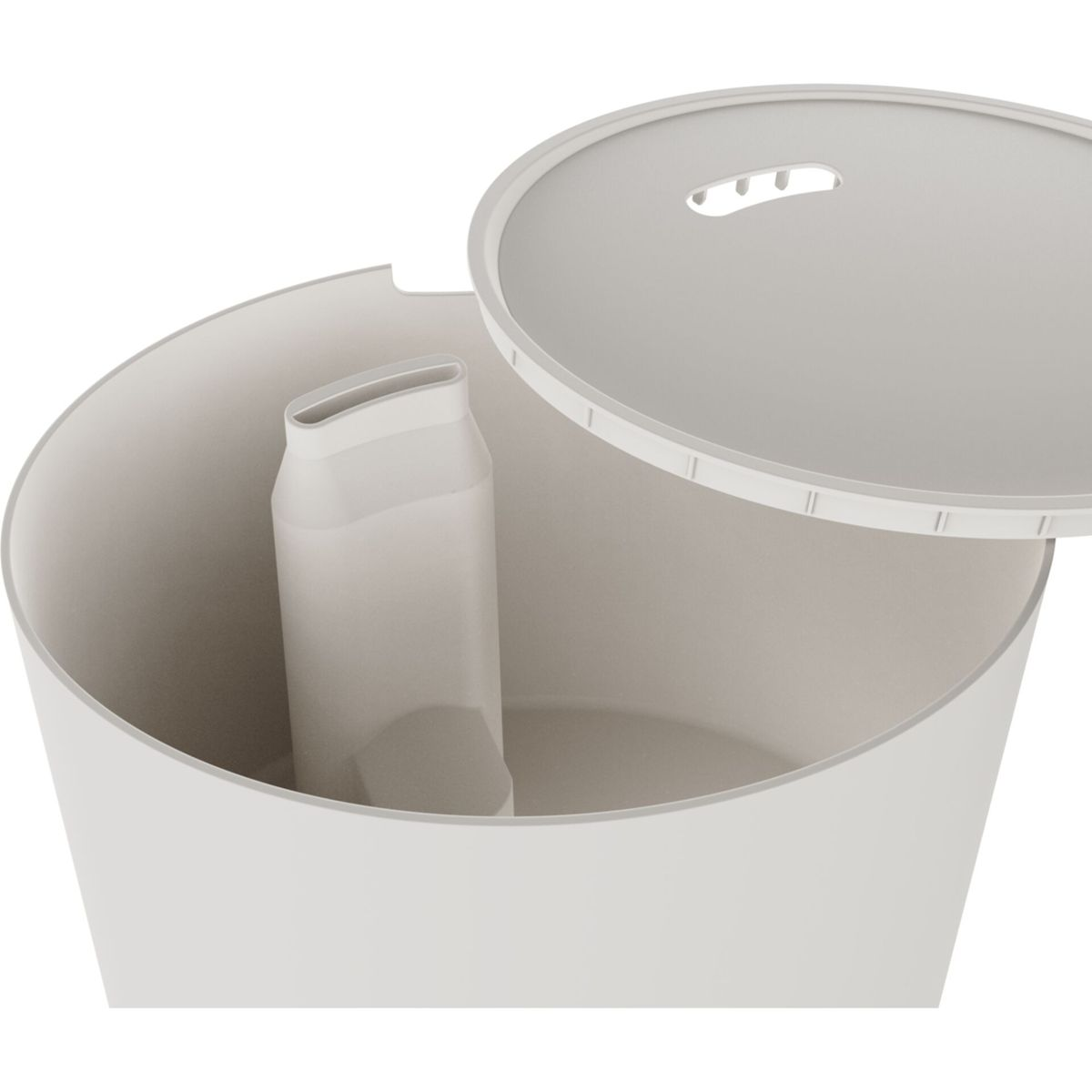 Un cubo blanco con tapa dividida y compartimento interior.