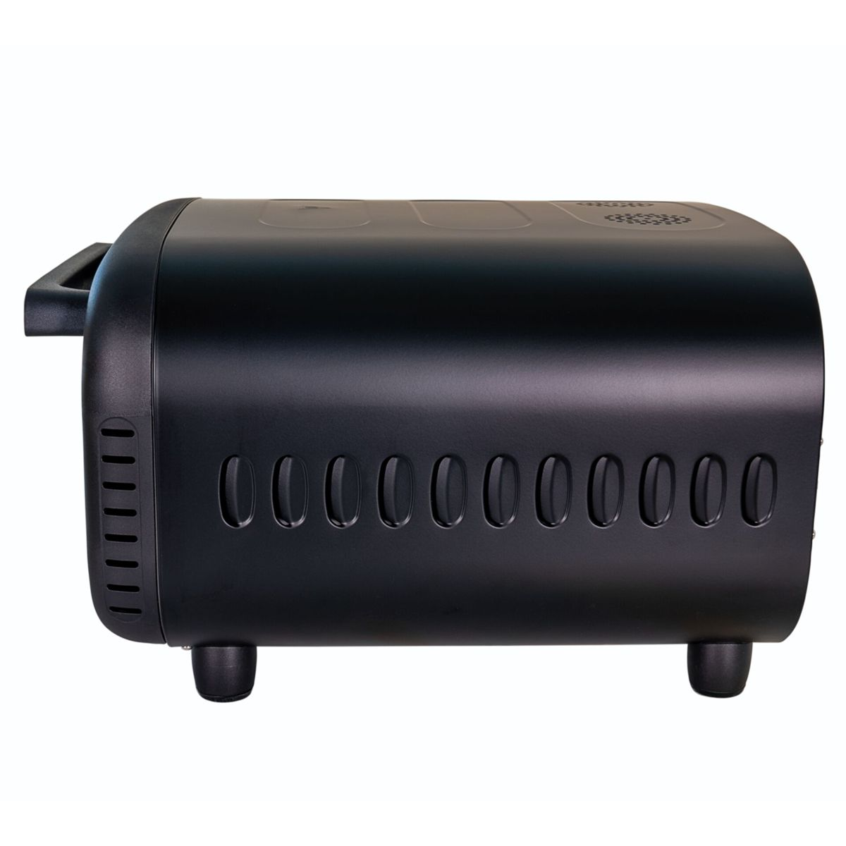 Un tostapane nero cilindrico con manici e fessure di ventilazione.