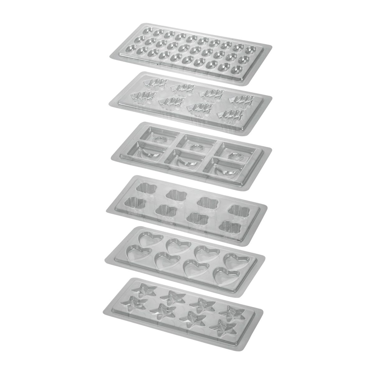 Cinque stampi in plastica trasparente con varie forme: sfere, lettere, quadrati, nuvole, cuori e stelle.