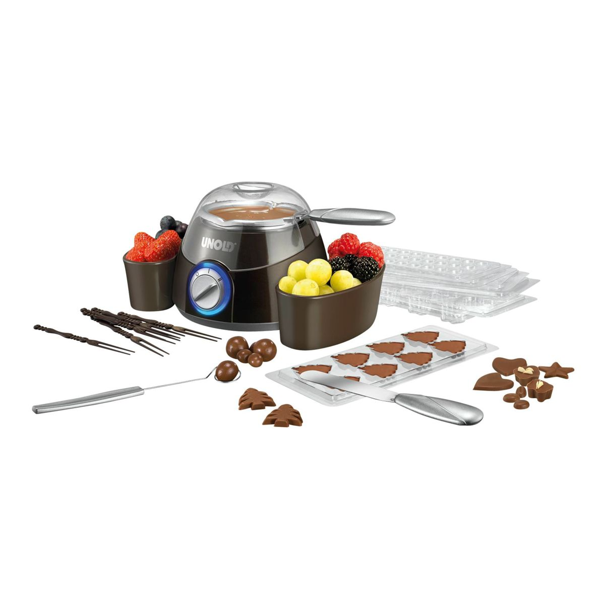 Set fontana di cioccolato con frutta, stampi, forchette da fonduta e cioccolato fuso.