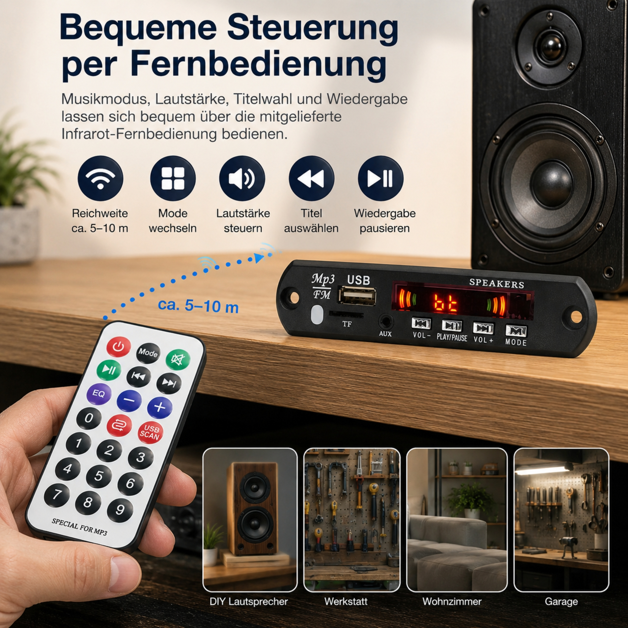 Fernbedienung steuert Musikplayer mit Lautsprecher und Display.