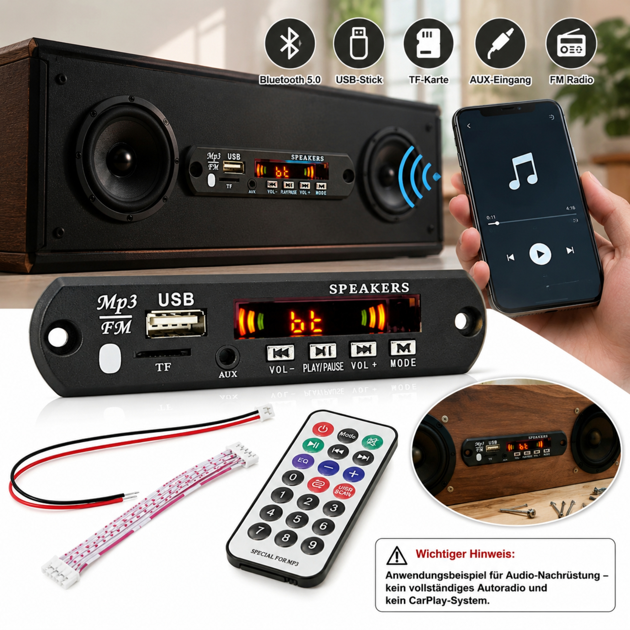 Lautsprecher mit Fernbedienung, Kabeln, Handy und Display. Bluetooth, USB, TF-Karte, AUX, FM.