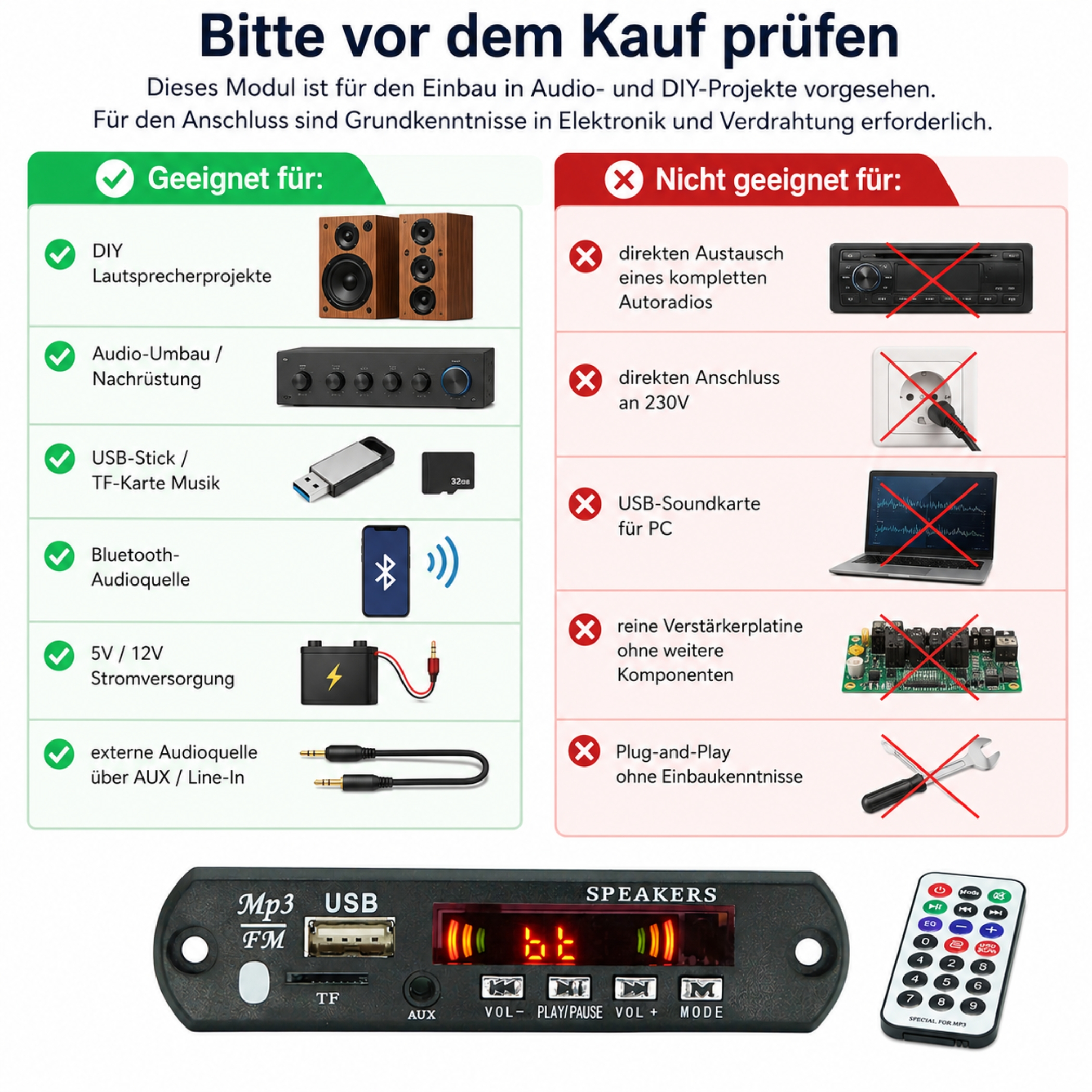 Anleitung für ein MP3-Modul mit Lautsprechern, Fernbedienung, USB und TF-Kartensteckplatz.