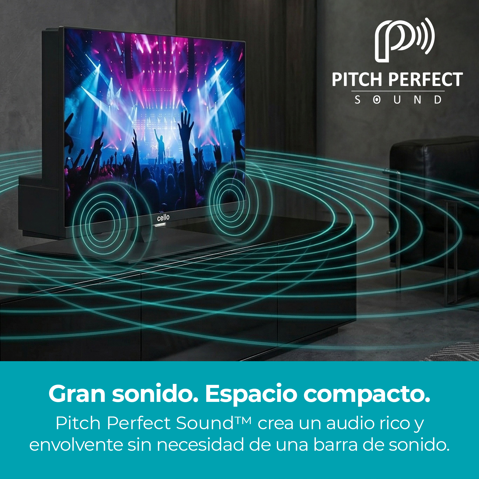 Un televisor muestra un concierto. Círculos superpuestos indican sonido.