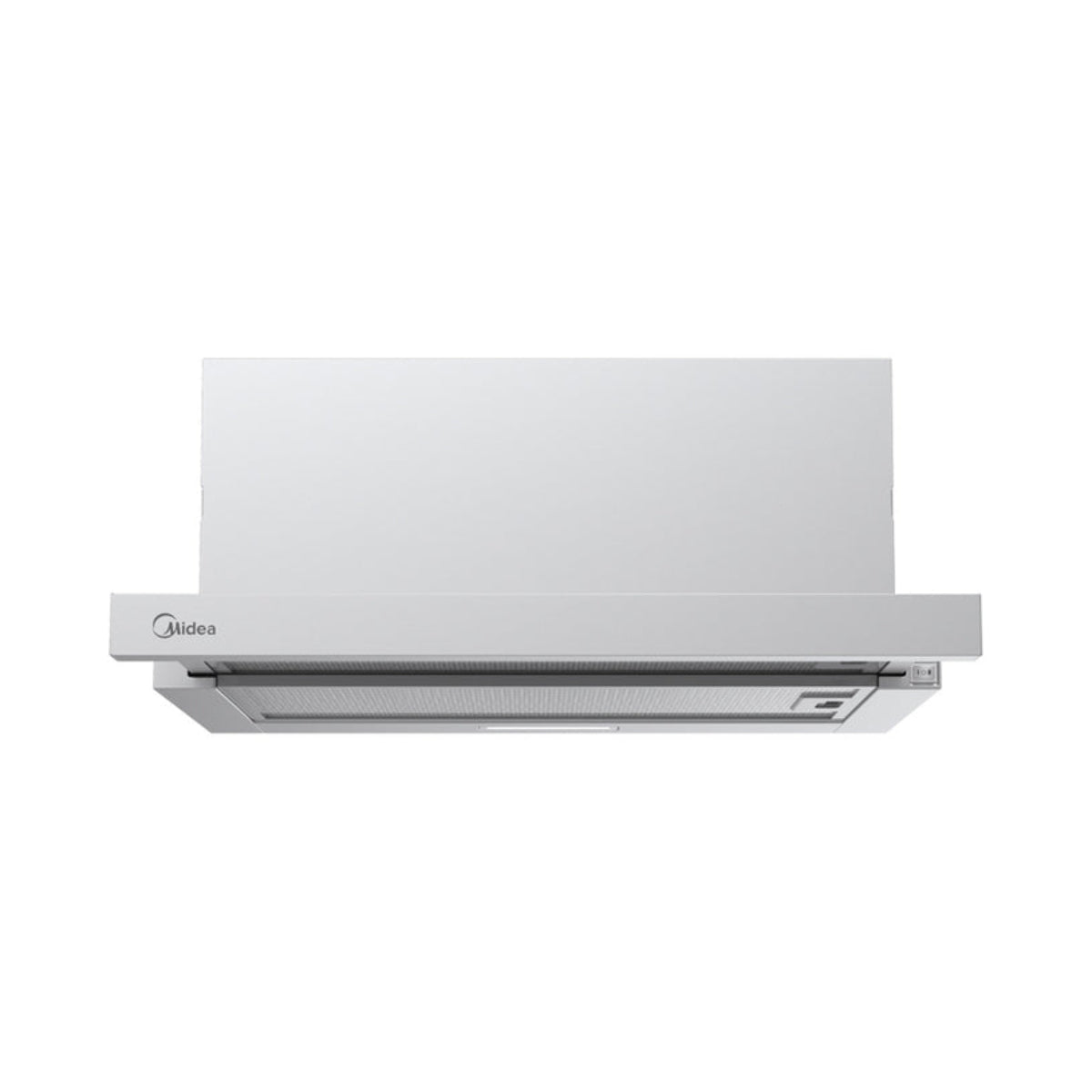Una campana extractora Midea blanca con filtro metálico y panel de control.