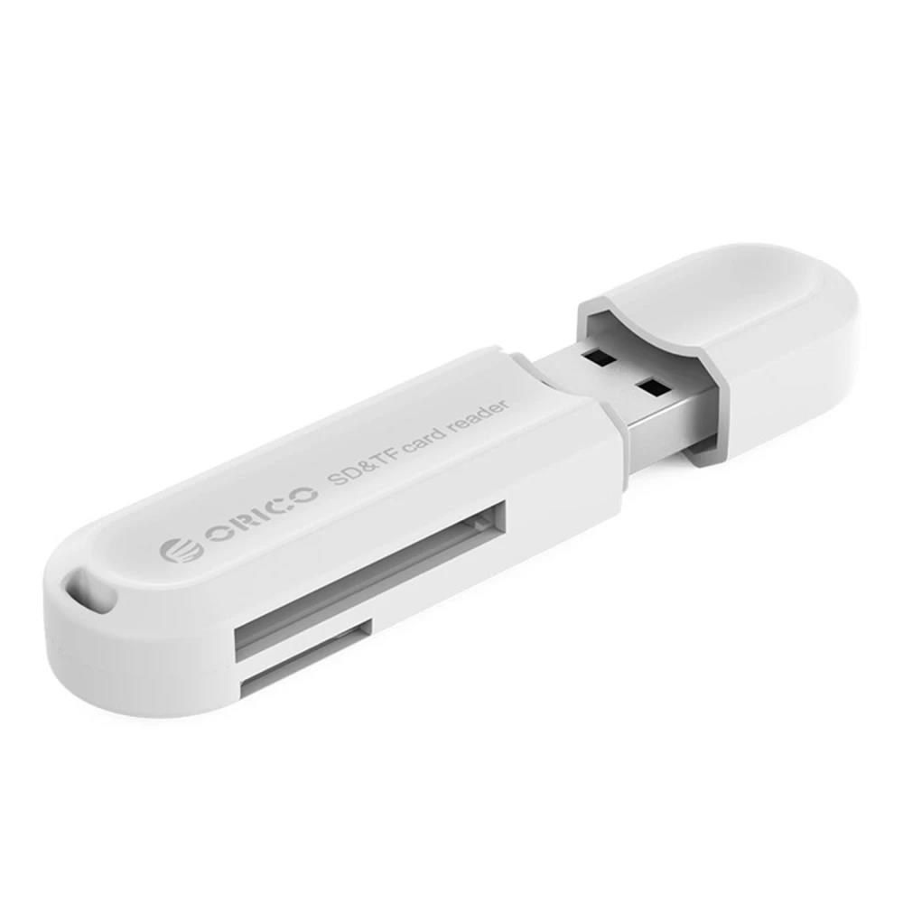 Beyaz ORICO SD & TF kart okuyucu, USB bağlantılı ve kart yuvalı.