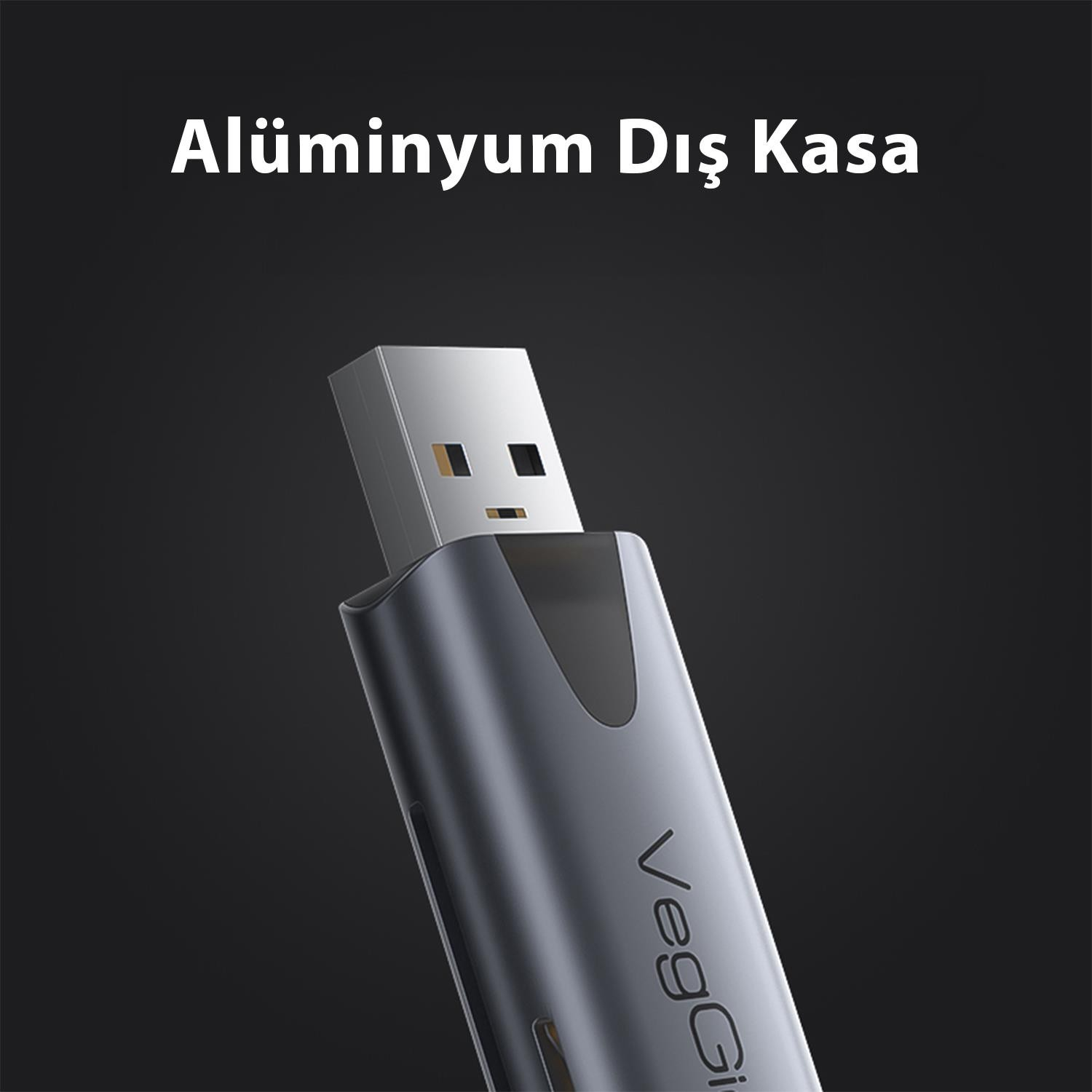 Gümüş konnektörlü, koyu kasalı USB bellek, üzerinde 'VegGie' logosu var.