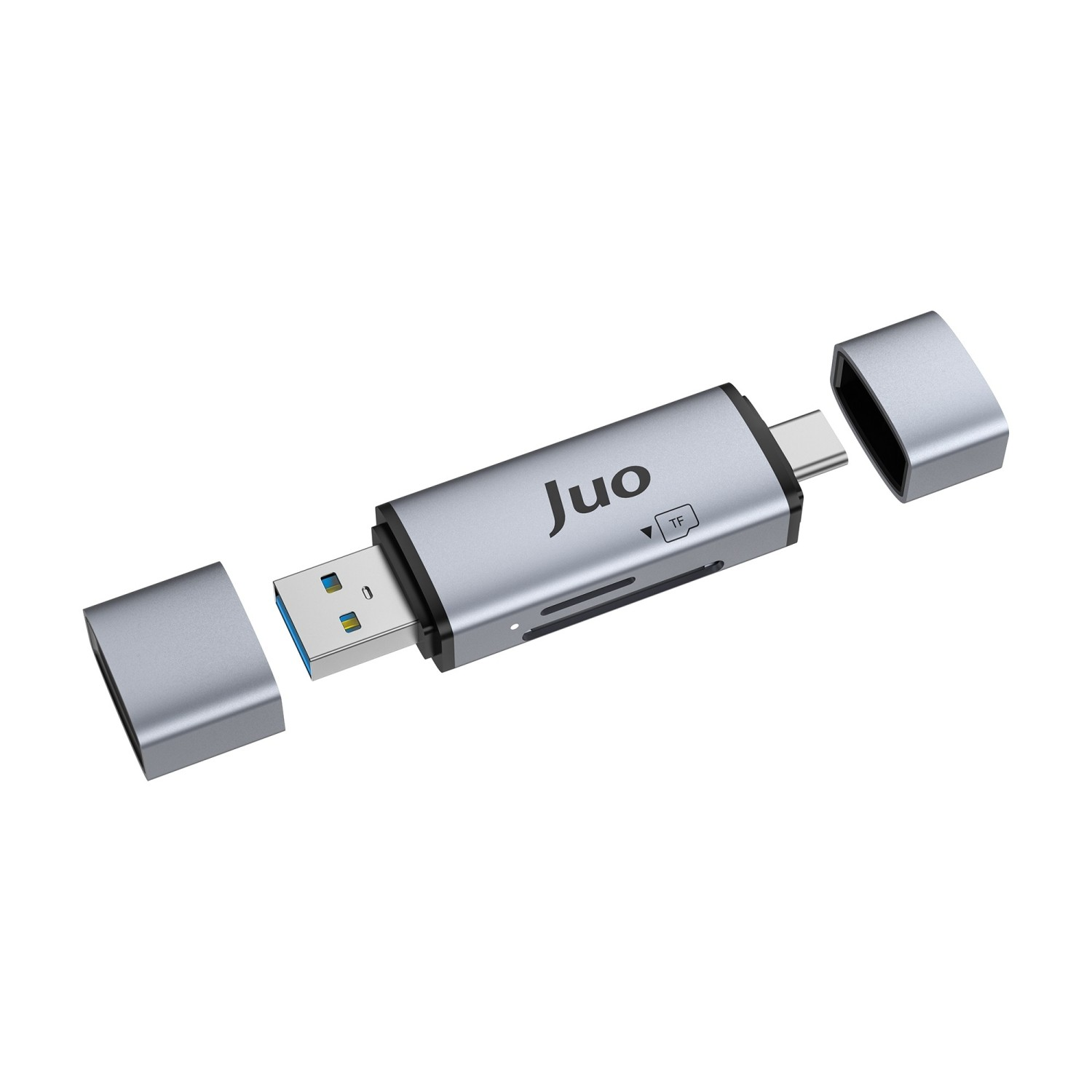 Gümüş USB-C kart okuyucu, USB-A bağlantı noktası ve iki kapak.