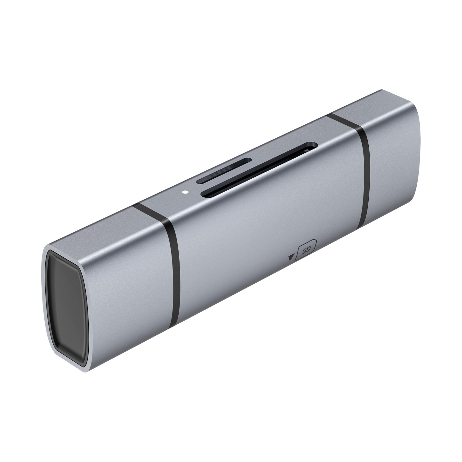 Gümüş USB kart okuyucu, SD ve microSD yuvaları ve siyah USB-A konektörü bulunur.
