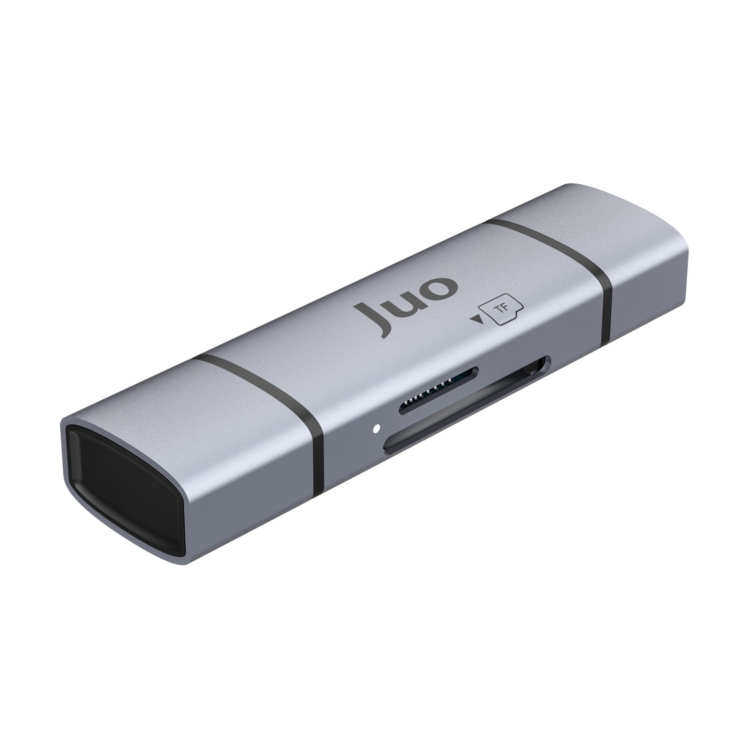 Gümüş renkli, 'Juo' logolu ve TF sembollü USB-C kart okuyucu.