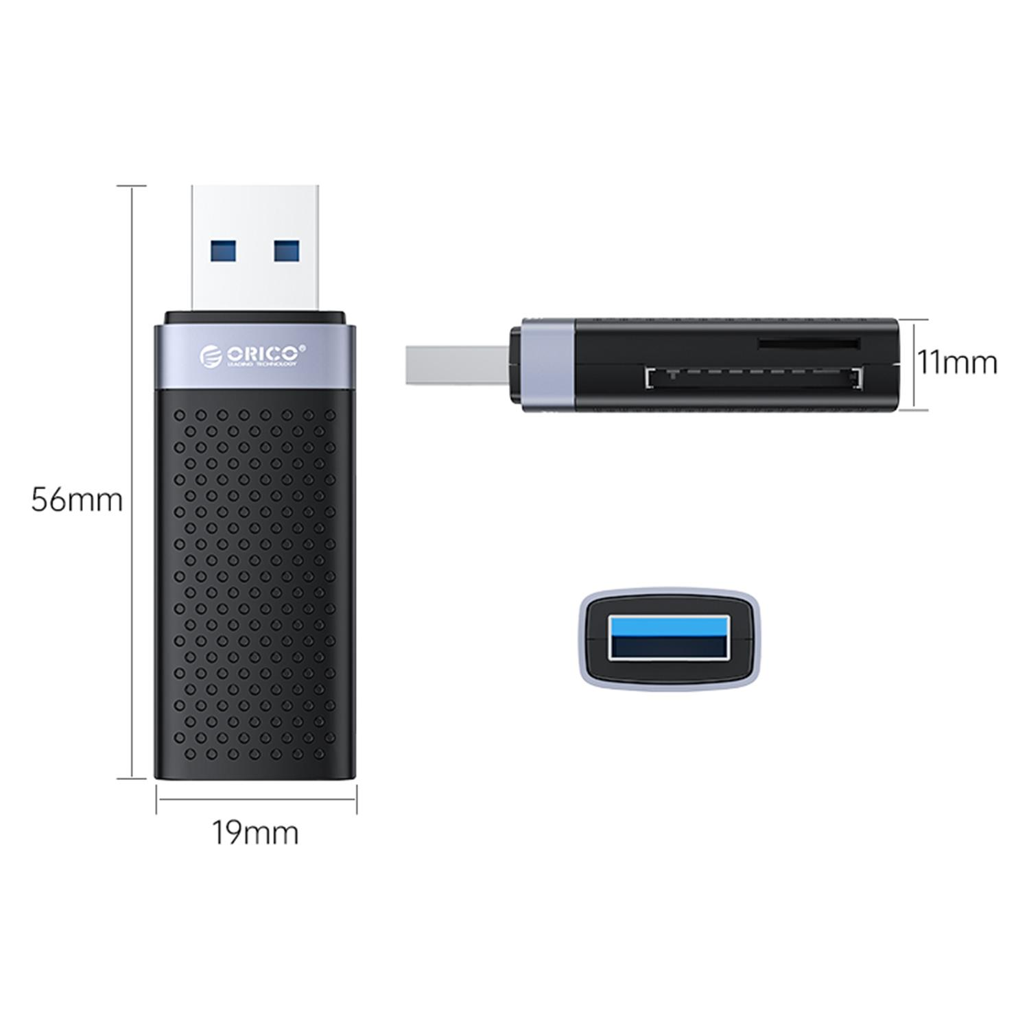 Boyutları belirtilmiş Orico USB adaptörü. Ön, yan ve üst görünümler.
