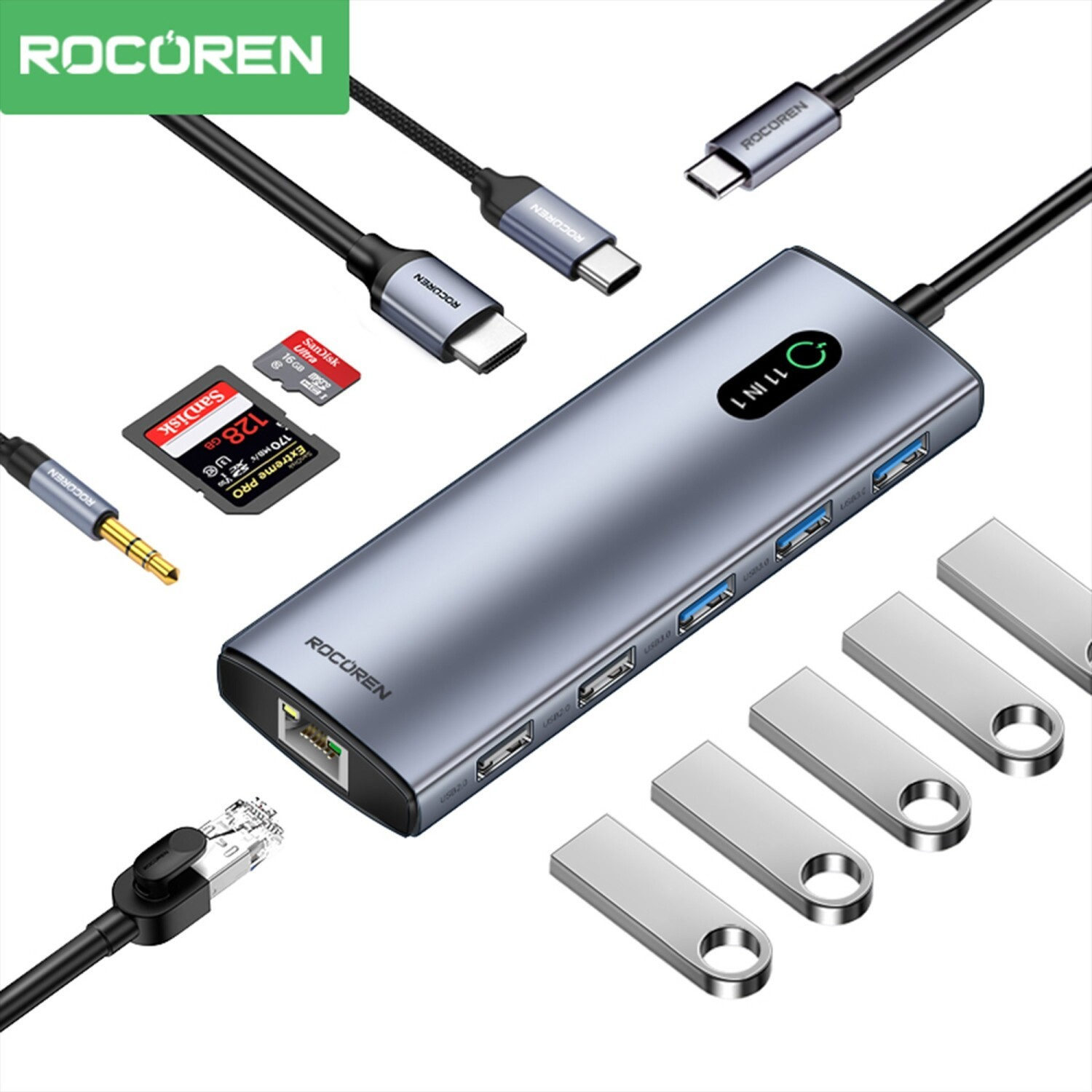 SD kartlar, USB bellekler, ses jakı ve Ethernet kablosu içeren ROCUREN 11'i 1 arada USB-C hub.