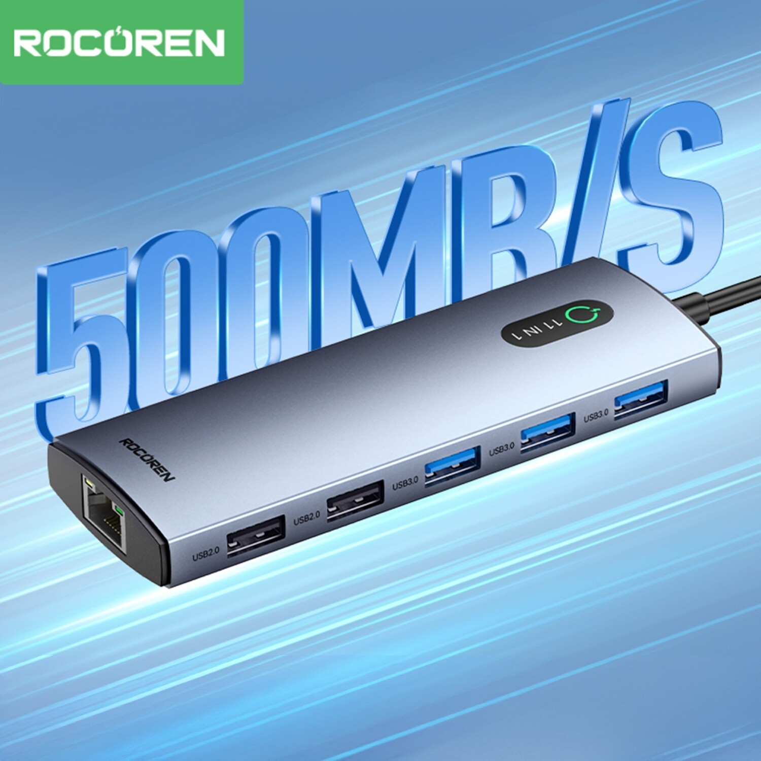 Gri ROCUREN hub, USB 3.0/2.0 portları ve Ethernetli. 500 MB/sn.