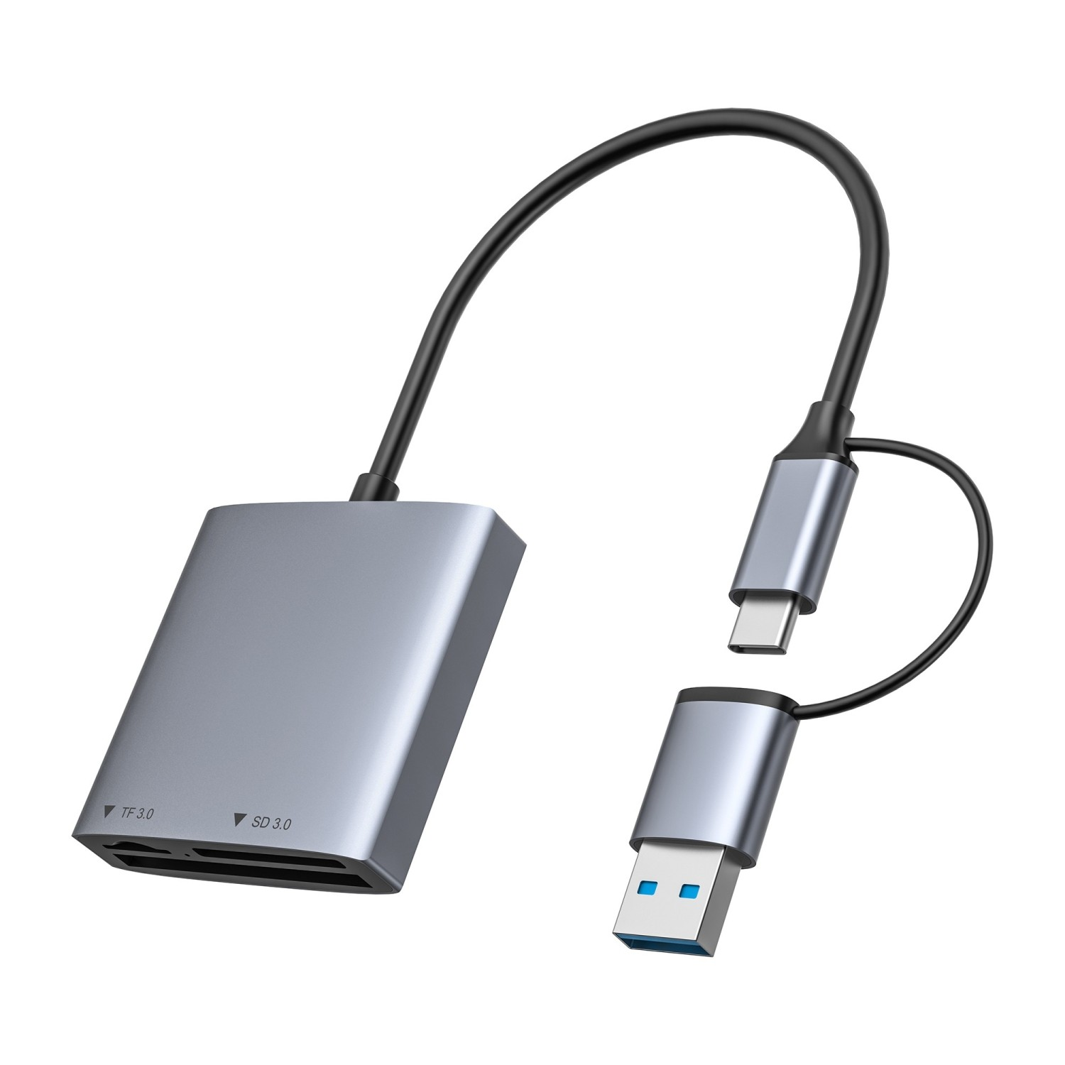 Beyaz arka plan üzerinde USB-C ve USB-A konektörlü gri kart okuyucu.