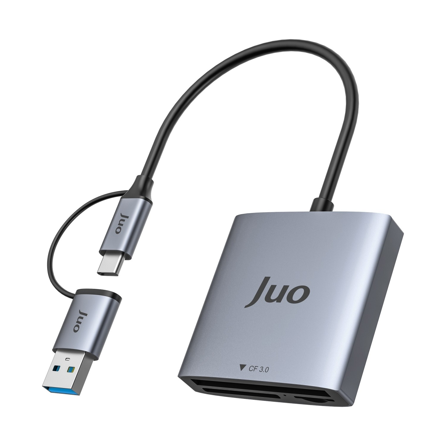 USB-C ve USB-A konektörlü gri kart okuyucu, beyaz arka plan.