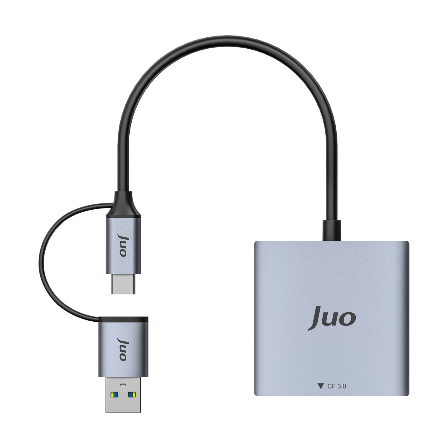 Beyaz arka plan üzerinde USB-A ve USB-C konektörlü gümüş renkli Juo kart okuyucu.