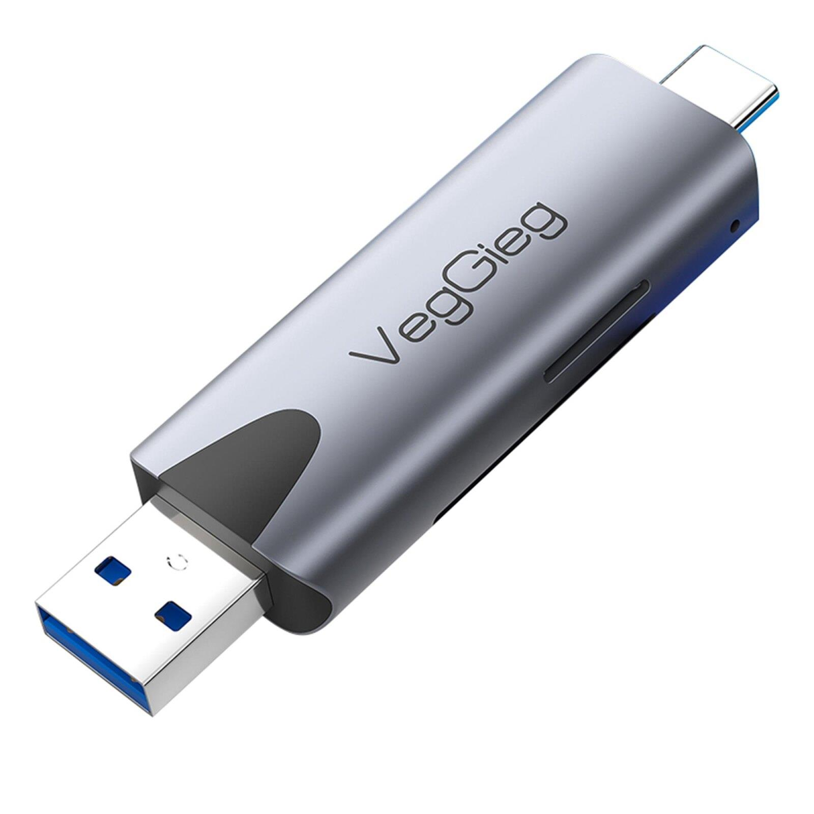 Gümüş USB-C sürücü, USB-A bağlantılı ve "VegGieg" logolu.