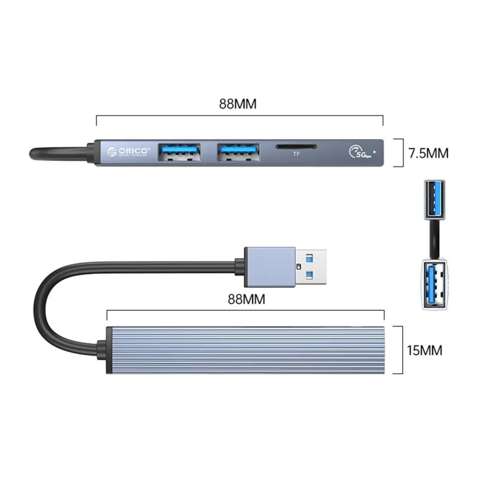 Gri ORICO USB hub, iki USB-A portu, TF kart yuvası ve 5Gbps etiketi.