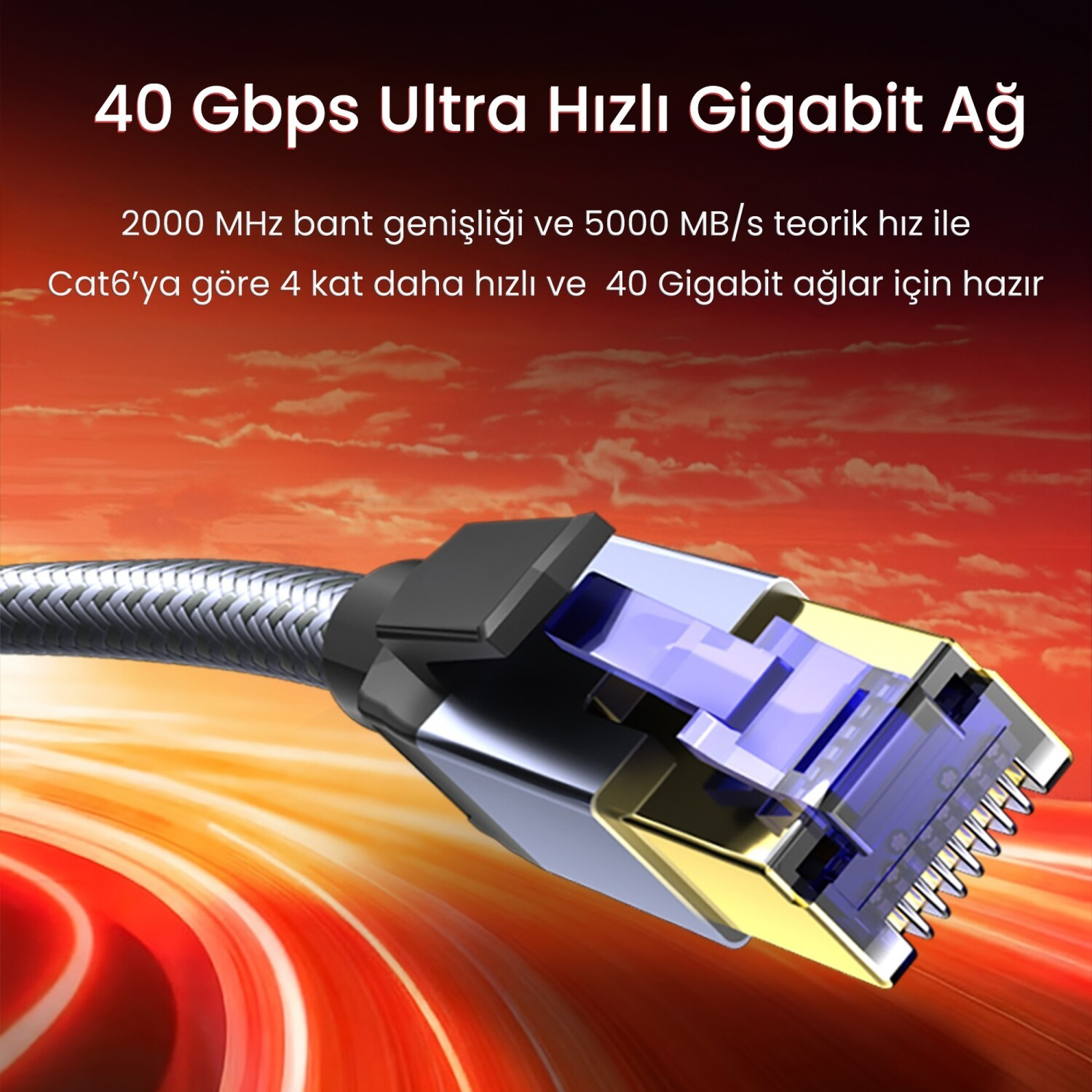 Ethernet kablosu RJ45 konnektörü, arka planda turuncu ve kırmızı çizgiler.