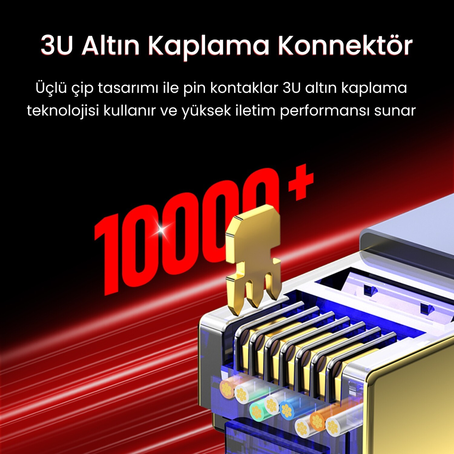 10000+ ve kırmızı çizgili, altın kaplama Ethernet konektörünün yakın çekimi.