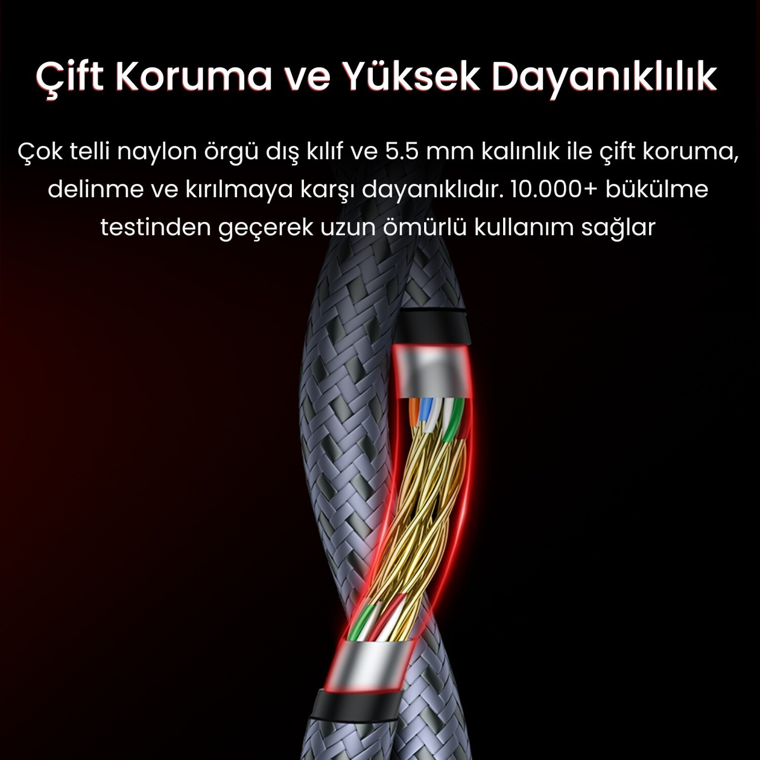 Gri örgülü kablo, açıkta kırmızı ve altın renkli teller.