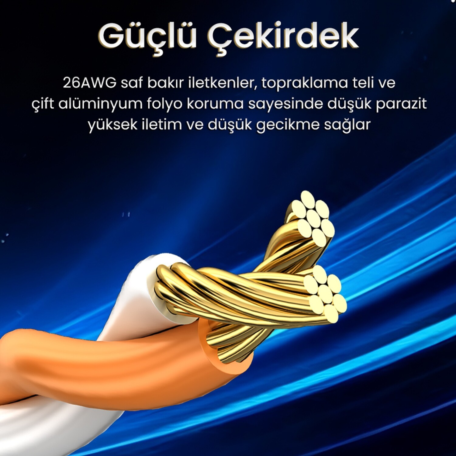 Bakır iletkenleri açıkta olan turuncu ve beyaz izoleli kablo.